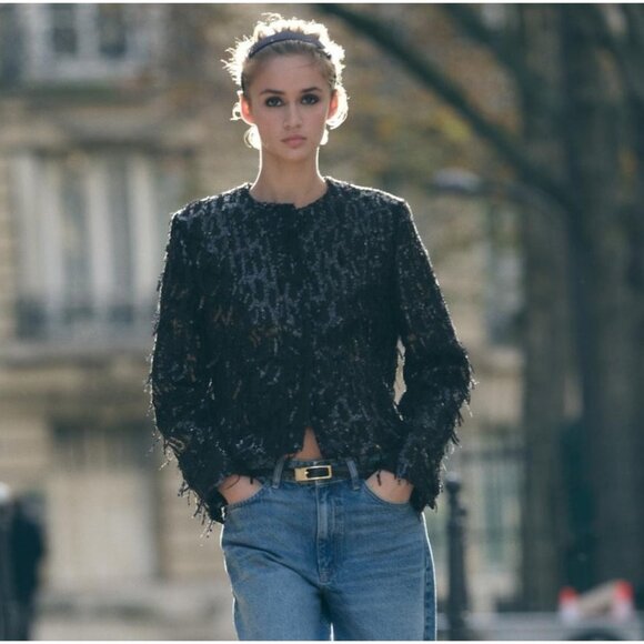 Zara Womens Sequin Blazer Jacket XS Black Fringe Textured Cropped 9659/630 NWT - Picture 1 of 16